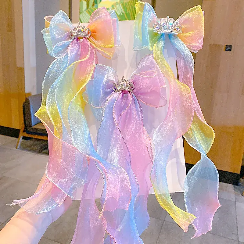 Princess Crown Butterfly Knot Hair Accessory Rainbow Gradient Color Children's Girls Baby Braiding Headwear Salon Fixed Hair Cli