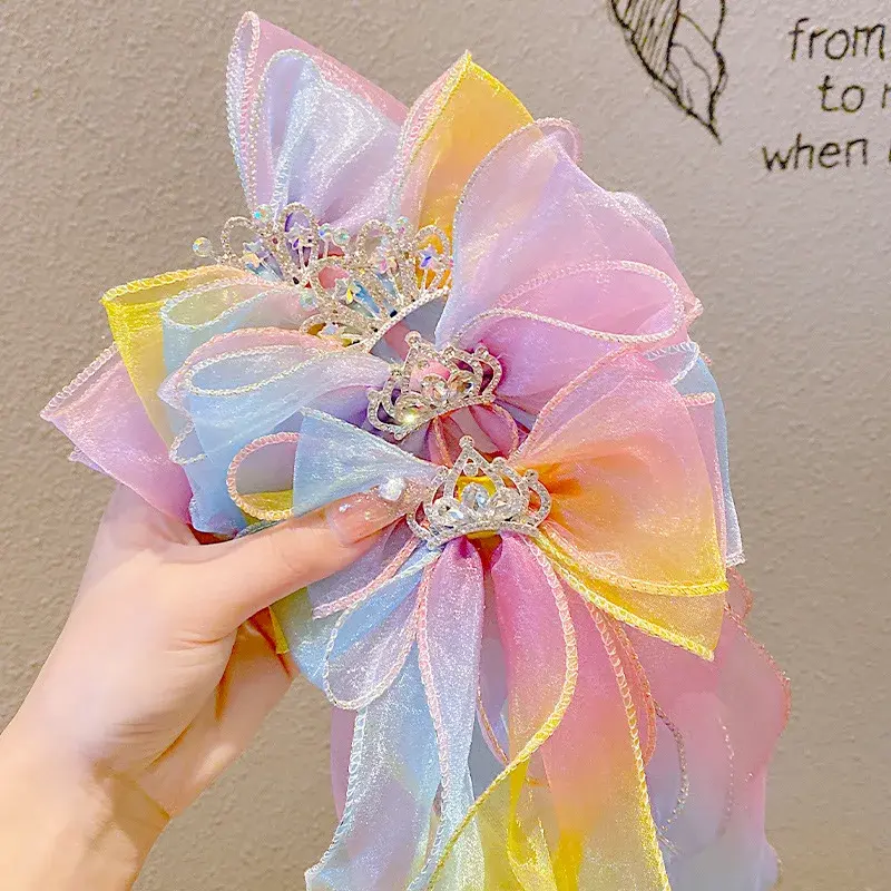 Princess Crown Butterfly Knot Hair Accessory Rainbow Gradient Color Children's Girls Baby Braiding Headwear Salon Fixed Hair Cli