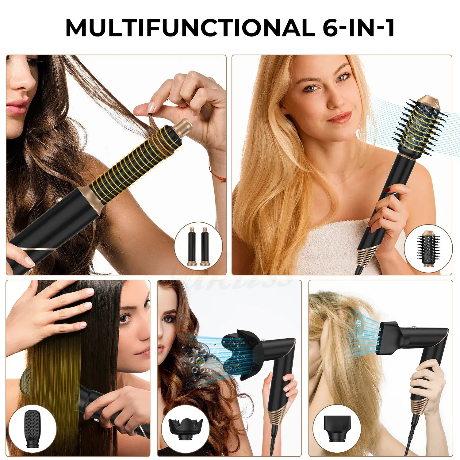 Six-In-One Foldable High-Speed Hot Air Comb Hair Dryer Non-Damaging Multi-Function Blow Dry Comb Curl And Straight Dual Use Hair