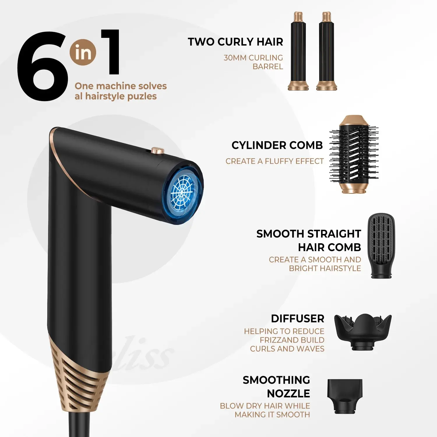 Six-In-One Foldable High-Speed Hot Air Comb Hair Dryer Non-Damaging Multi-Function Blow Dry Comb Curl And Straight Dual Use Hair