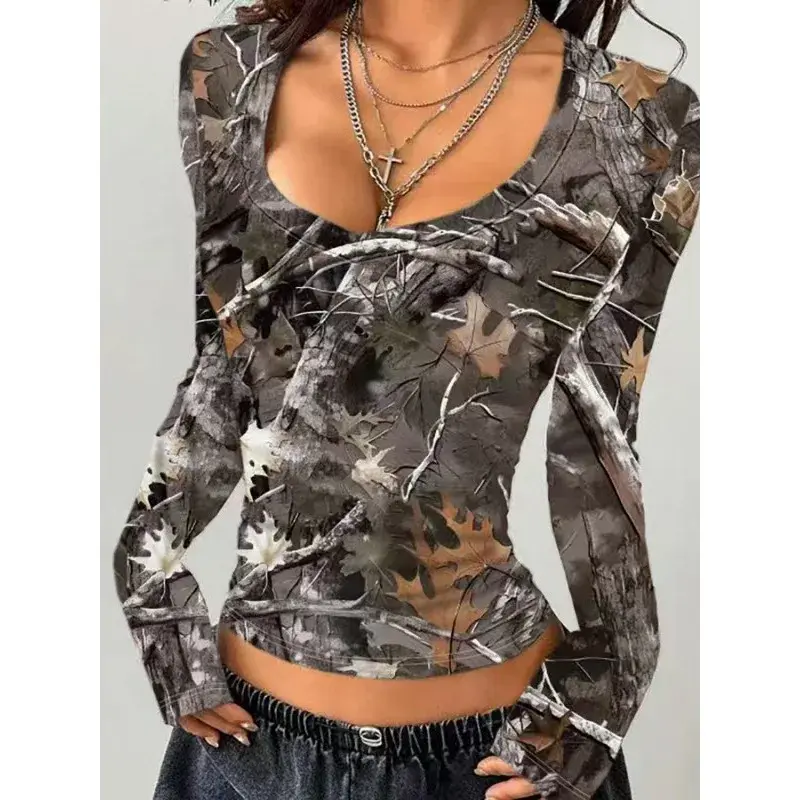 Fashionable Camouflage Branch Pattern U-Neck Slim Fit Belly Baring T-Shirt for Women Sexy Design Retro Style Casual Top
