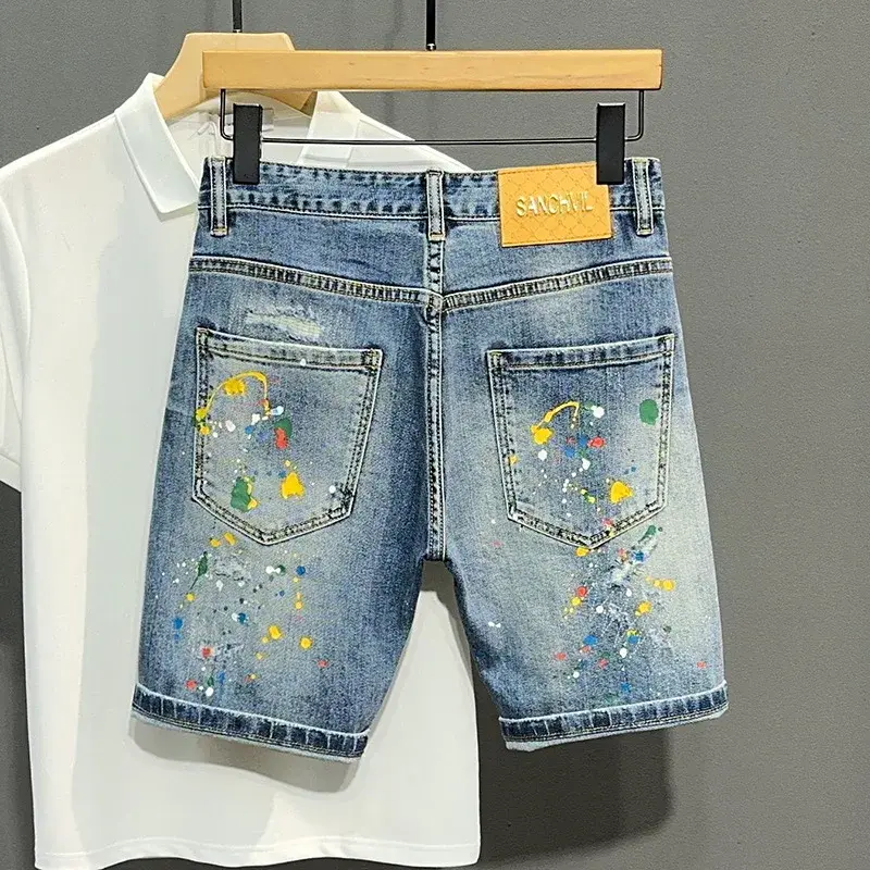 Trendy Denim Shorts For Men Summer Style Washed Blue Hole Punk American Style Slim Fit Graffiti Painted Mid Waist Pants
