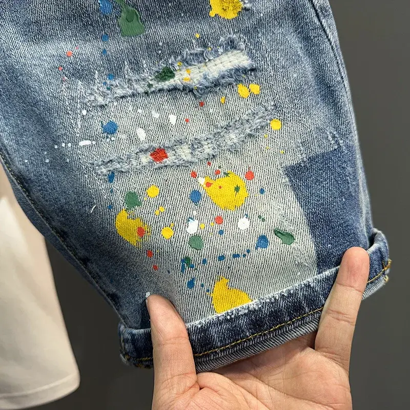 Trendy Denim Shorts For Men Summer Style Washed Blue Hole Punk American Style Slim Fit Graffiti Painted Mid Waist Pants