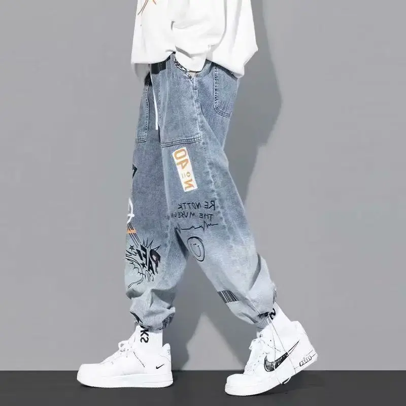Yoaautumn New Men's Jeans Loose-fit Cartoon Print Trendy Brand Letter Printing Bunch Feet Pants Ins Drawstring Pants