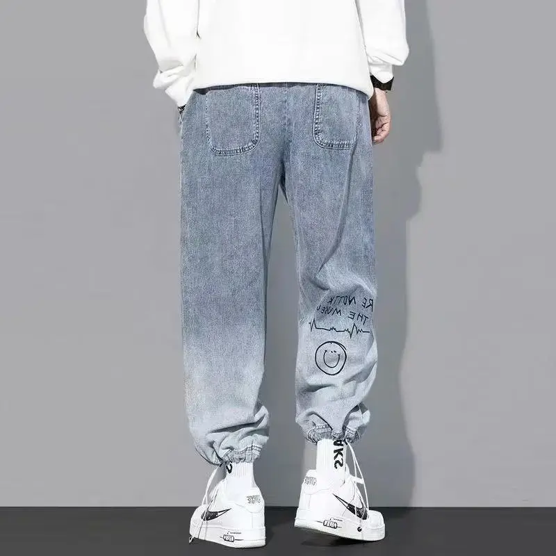 Yoaautumn New Men's Jeans Loose-fit Cartoon Print Trendy Brand Letter Printing Bunch Feet Pants Ins Drawstring Pants