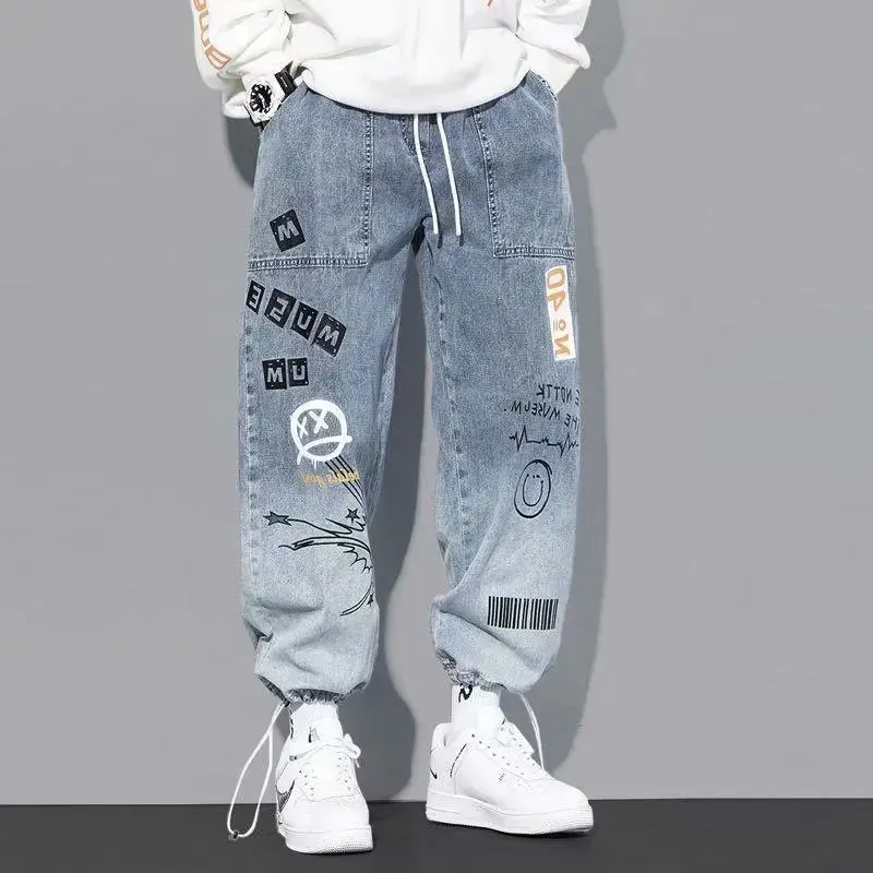 Yoaautumn New Men's Jeans Loose-fit Cartoon Print Trendy Brand Letter Printing Bunch Feet Pants Ins Drawstring Pants