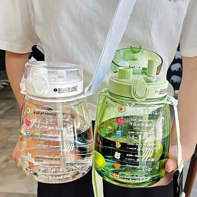 Plastic Cup Double Drink Net Red Big Belly Cup Water High Aesthetic Value Capacity Water Straw Cute Bottle Children Student
