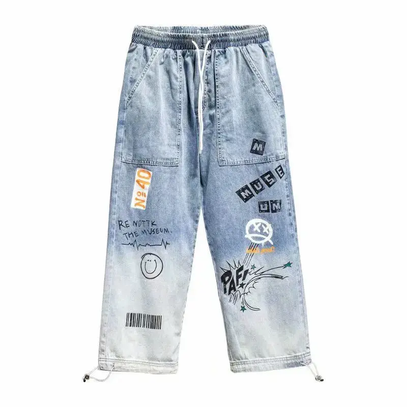 Yoaautumn New Men's Jeans Loose-fit Cartoon Print Trendy Brand Letter Printing Bunch Feet Pants Ins Drawstring Pants