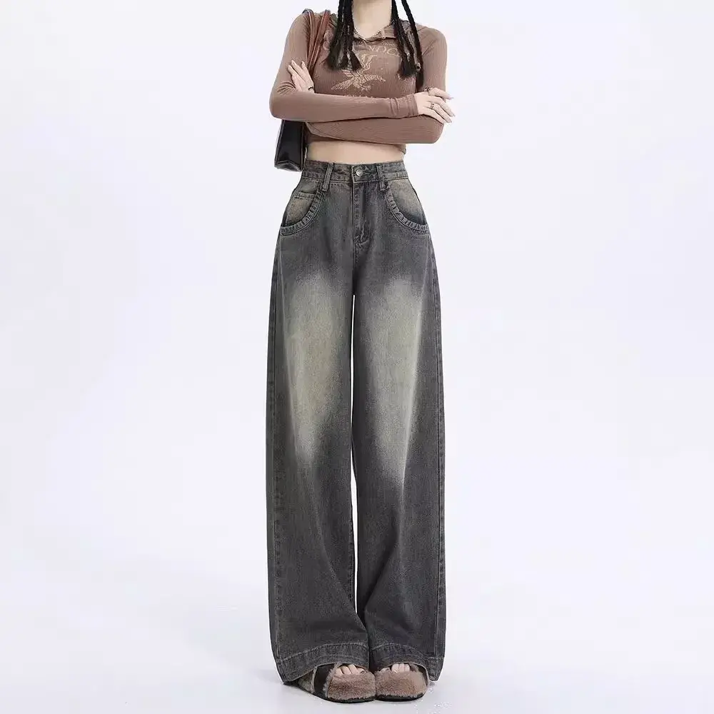 New Arrival Fall 2023 High-Waisted Vintage Wide-Leg Jeans Women's American Style Straight-Leg Casual Loose Fit Denim Trousers