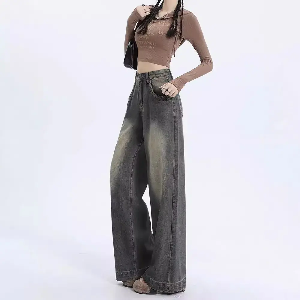 New Arrival Fall 2023 High-Waisted Vintage Wide-Leg Jeans Women's American Style Straight-Leg Casual Loose Fit Denim Trousers