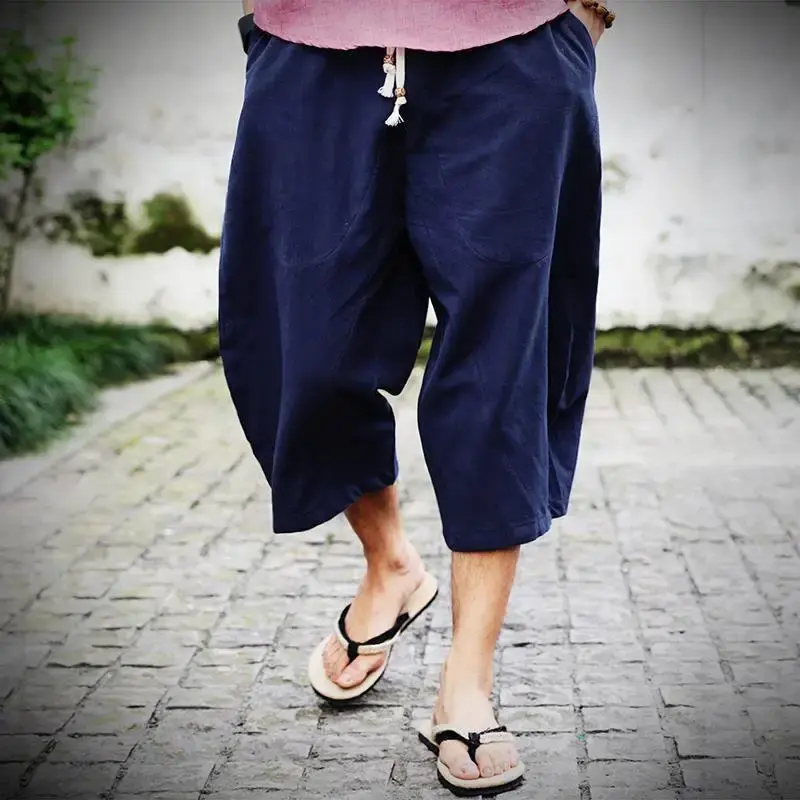 Casual Cotton Linen Seven-quarter Pants Trendy Chinese Style Men's Wide Leg Pants Casual Shorts Summer