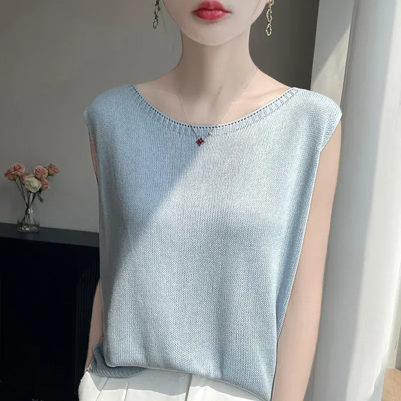 Summer 2025 Fashion Slim Fit Knitted Sleeveless Vest Loose round Neck Overalls Women's Inner Wear Outerwear Shirt