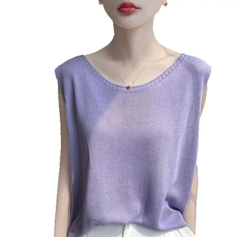 Summer 2025 Fashion Slim Fit Knitted Sleeveless Vest Loose round Neck Overalls Women's Inner Wear Outerwear Shirt