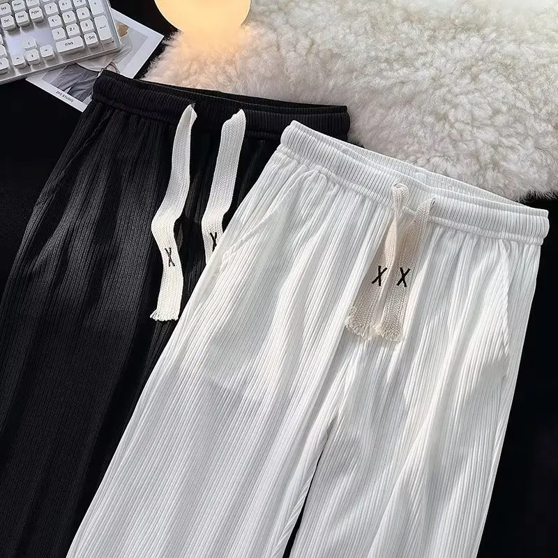 Loose Men Ice Silk Threaded Wide Leg Pants Spring Autumn High Street Fashion Slim Fit Casual Pants