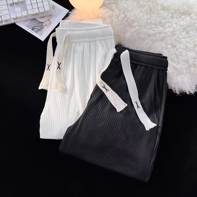 Loose Men Ice Silk Threaded Wide Leg Pants Spring Autumn High Street Fashion Slim Fit Casual Pants