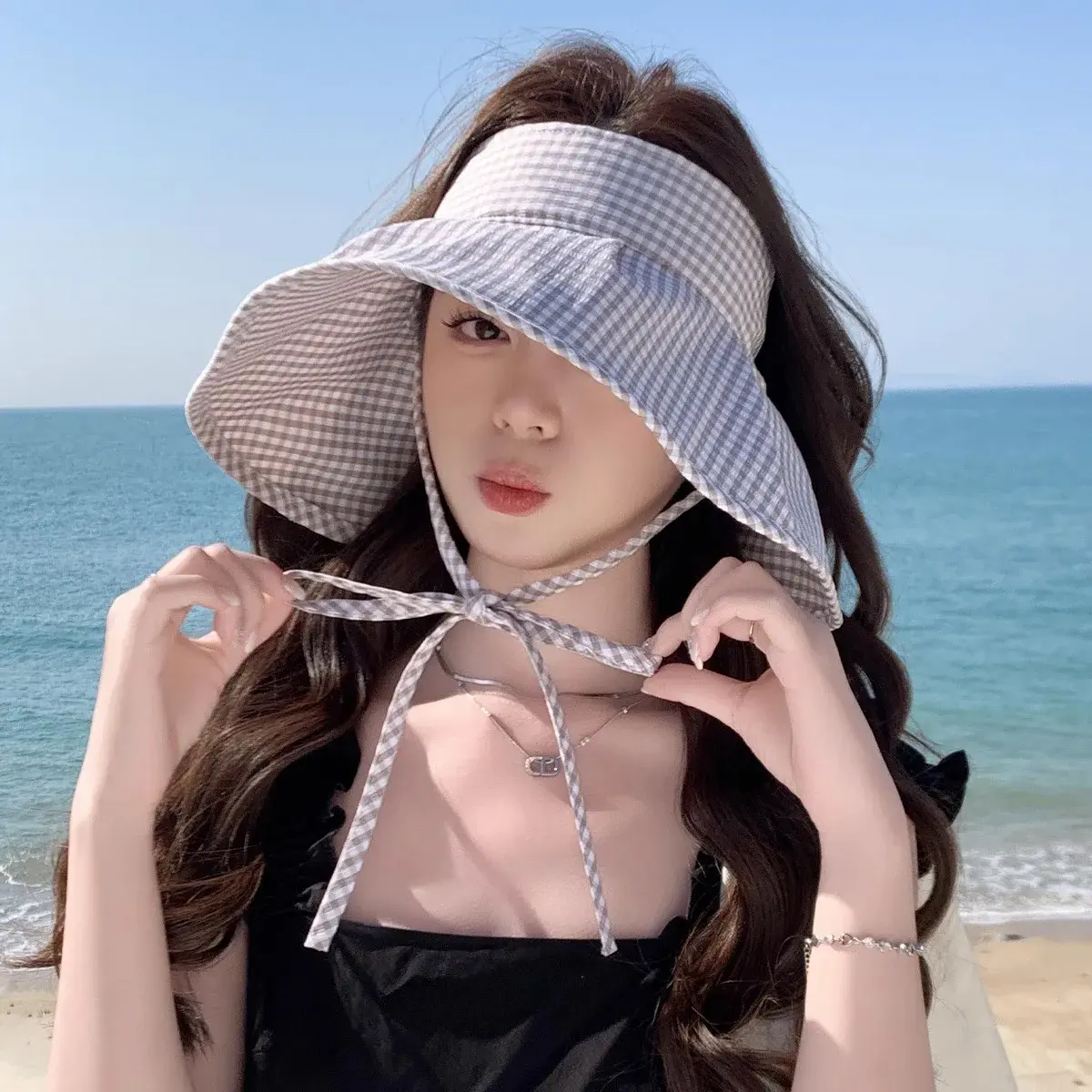 Anti-Aging Korean Plaid Empty-Top Spring Summer Large Brim Sun Hat Women's Travel Sun Protection Hat Lace Net Cap