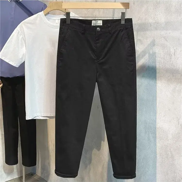Autumn Hong Kong Style Men's Cargo Pants Loose Fit Micro Elastic Straight Leg Casual Pants Versatile Comfortable Cropped Trendy