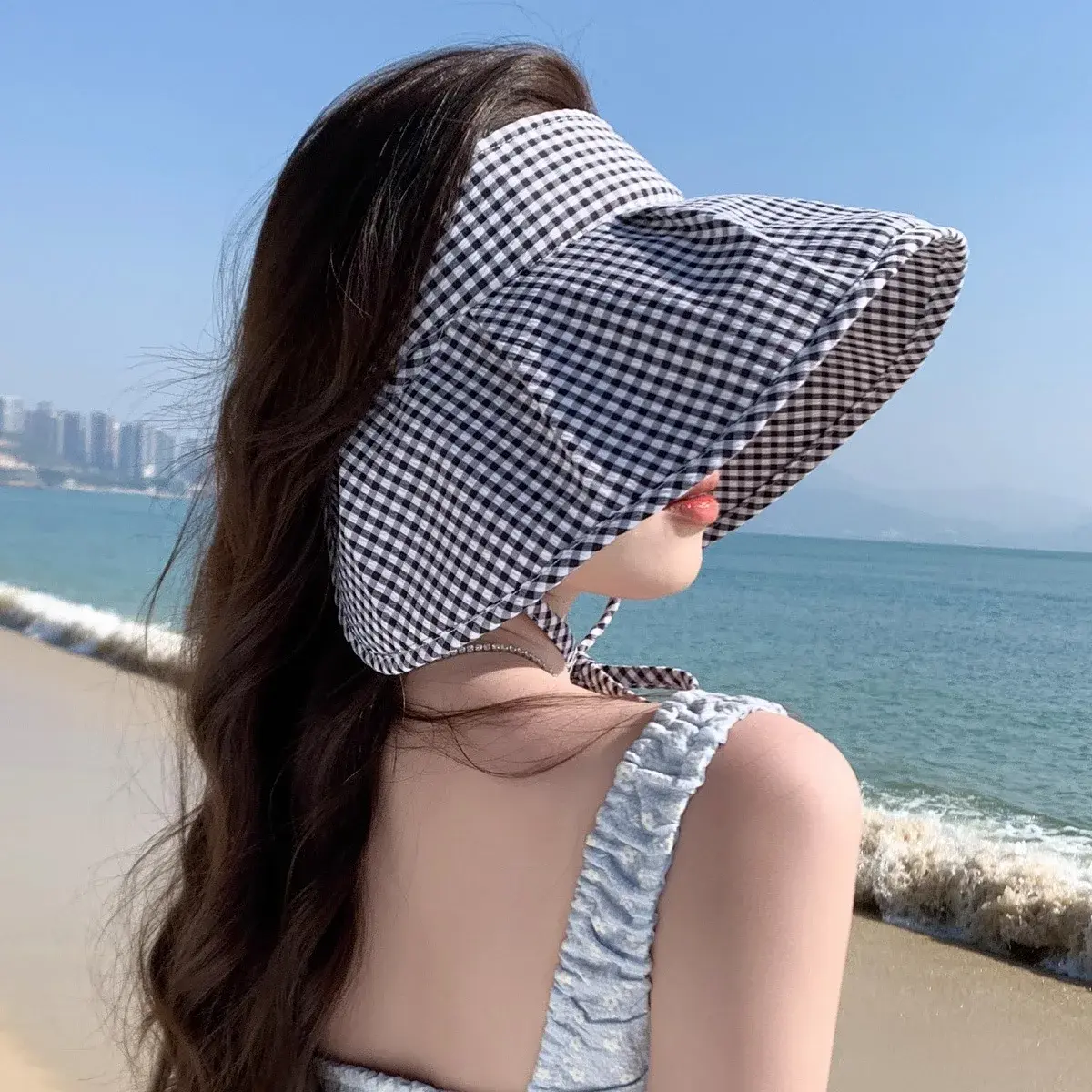 Anti-Aging Korean Plaid Empty-Top Spring Summer Large Brim Sun Hat Women's Travel Sun Protection Hat Lace Net Cap