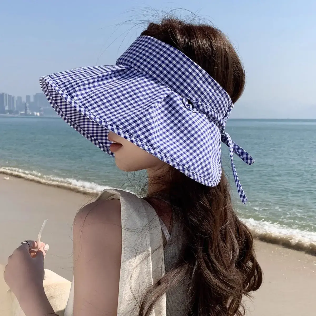 Anti-Aging Korean Plaid Empty-Top Spring Summer Large Brim Sun Hat Women's Travel Sun Protection Hat Lace Net Cap