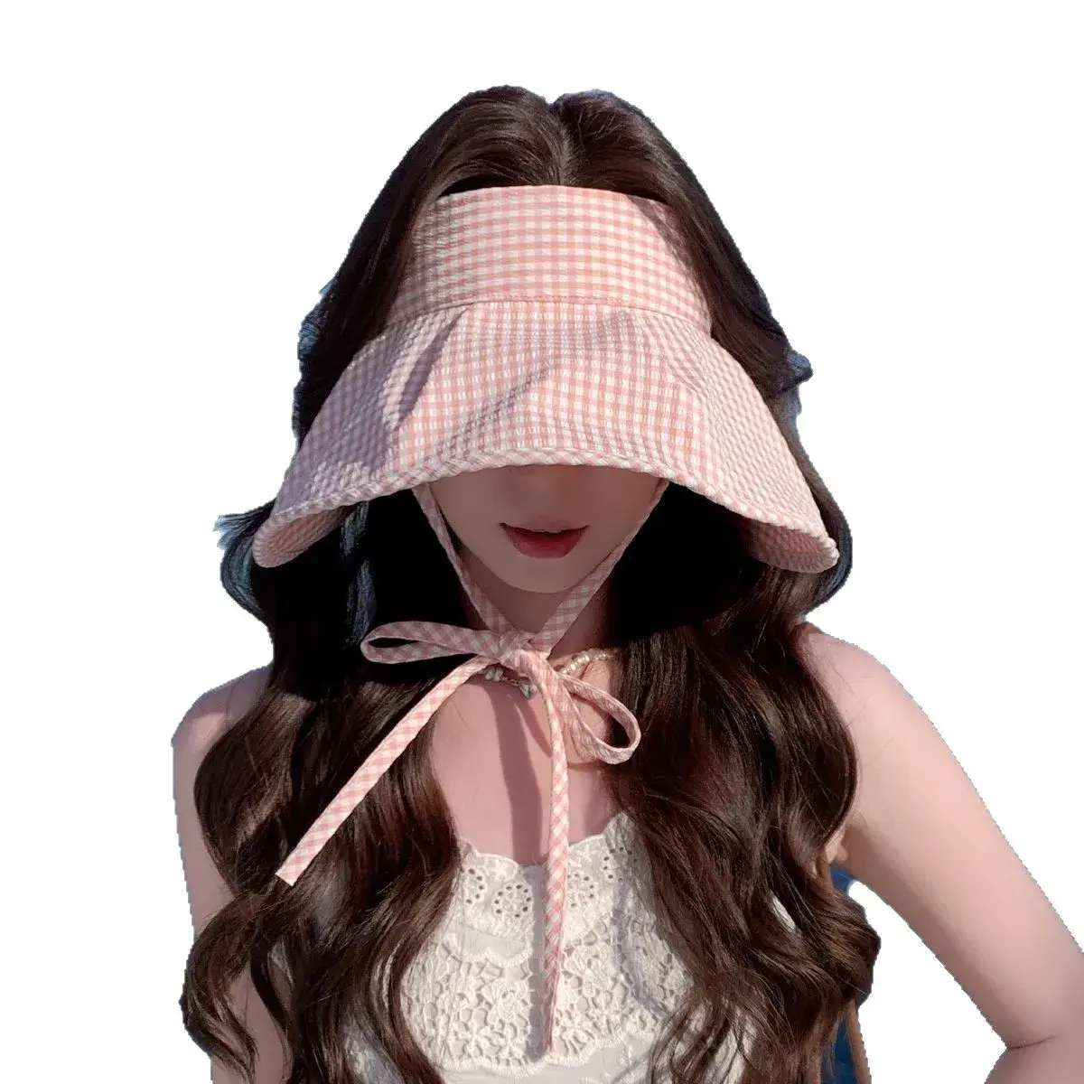 Anti-Aging Korean Plaid Empty-Top Spring Summer Large Brim Sun Hat Women's Travel Sun Protection Hat Lace Net Cap