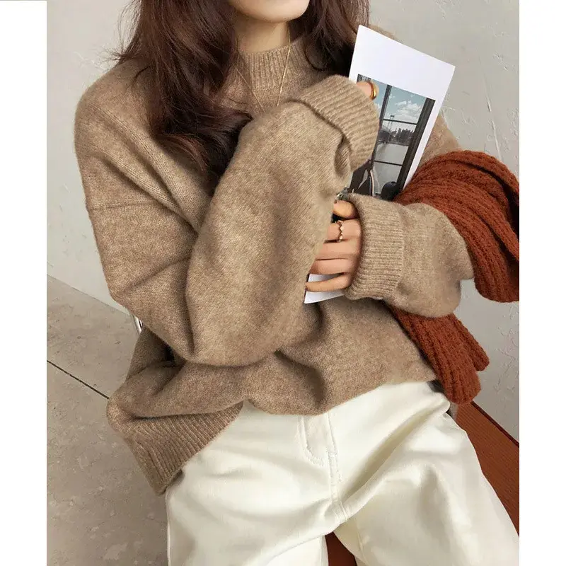 Women's round Neck Knitwear Loose Fit Thickened Soft Comfortable Autumn Winter New Style Solid Color Easy Wear Vintage Lazy Styl