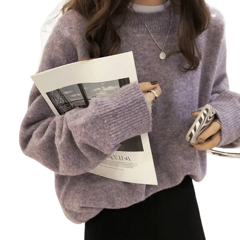 Women's round Neck Knitwear Loose Fit Thickened Soft Comfortable Autumn Winter New Style Solid Color Easy Wear Vintage Lazy Styl