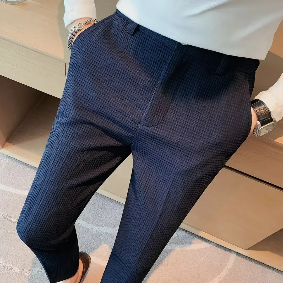 Fashionable Casual Nine-Piece Sports Pants for Men Elastic Simple Design Business Leisure Trousers Trendy Flat Weave West Pants