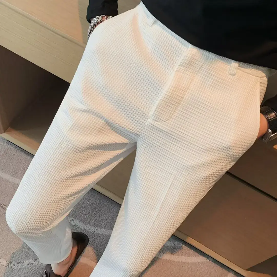 Fashionable Casual Nine-Piece Sports Pants for Men Elastic Simple Design Business Leisure Trousers Trendy Flat Weave West Pants