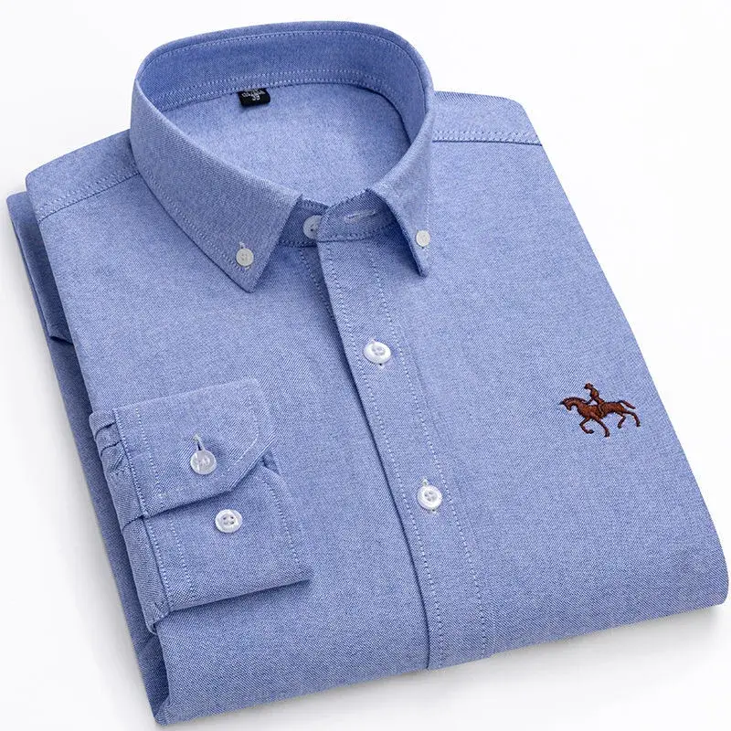 Men's Casual Business Oxford Cloth Long Sleeve Cotton Washing Shirt Solid Color Embroidery Collar Style Spring Autumn Season