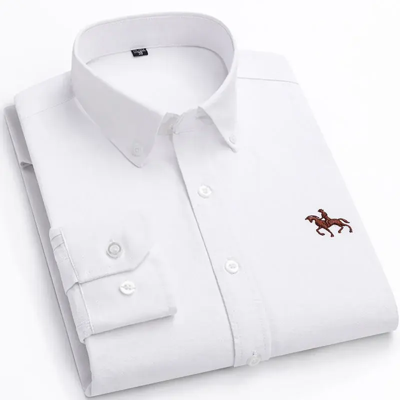 Men's Casual Business Oxford Cloth Long Sleeve Cotton Washing Shirt Solid Color Embroidery Collar Style Spring Autumn Season