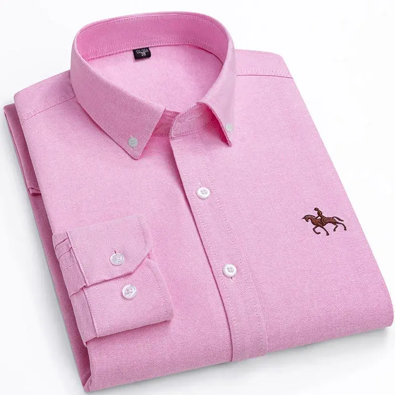 Men's Casual Business Oxford Cloth Long Sleeve Cotton Washing Shirt Solid Color Embroidery Collar Style Spring Autumn Season