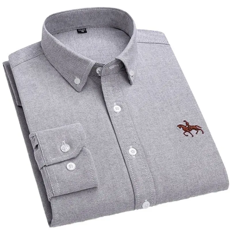 Men's Casual Business Oxford Cloth Long Sleeve Cotton Washing Shirt Solid Color Embroidery Collar Style Spring Autumn Season