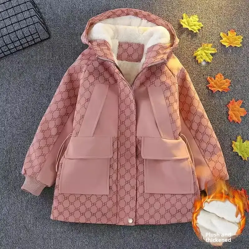 Girls Thickened Fleece-lined Cotton Jacket Autumn Winter New Style Children's Coat Medium And Large Children Fashionable Mid-len