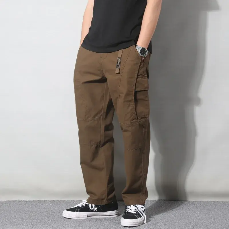 Japanese Style SimpleVintageTrendy Men's Multi-Pocket Cargo Pants Loose Fit Straight Leg Casual Trousers For Spring And Autumn