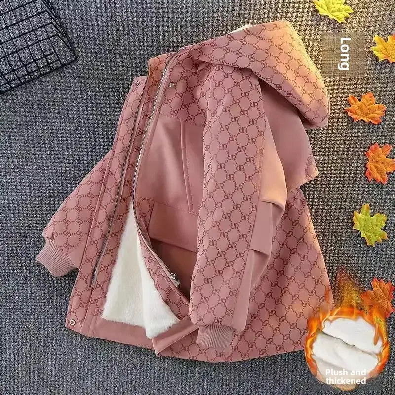 Girls Thickened Fleece-lined Cotton Jacket Autumn Winter New Style Children's Coat Medium And Large Children Fashionable Mid-len