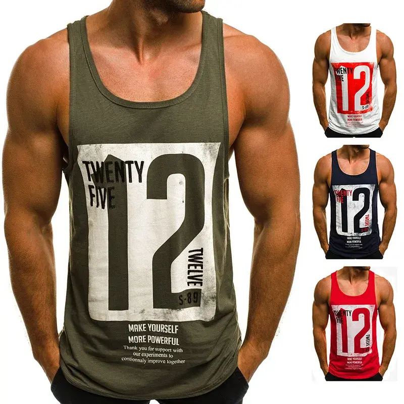 Casual round Neck Sleeveless Vest Men's Print Tank Top European Code New Style Hot Sale Of The Season Sweat Wicking Sports Fitne