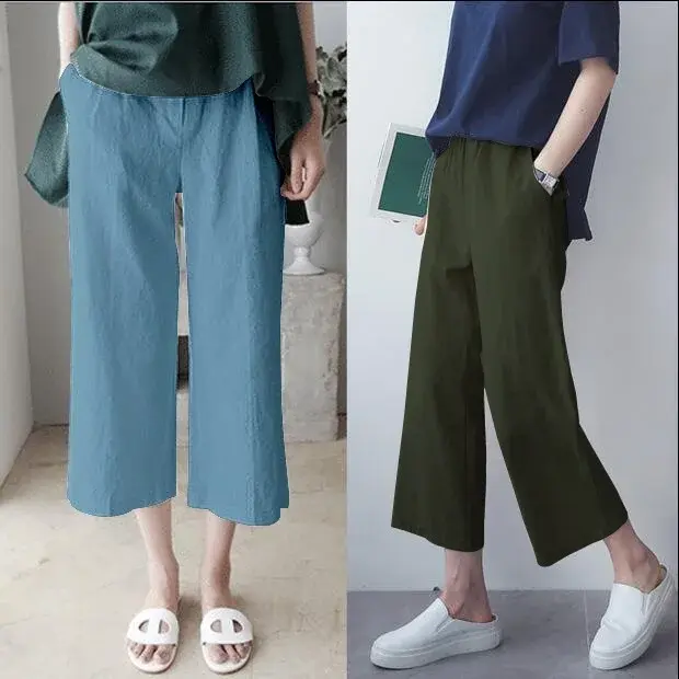 Cotton Linen Wide Leg Pants Women Spring Summer Thin Loose Casual Large Size Comfortable Nine Points Straight Tube Trousers