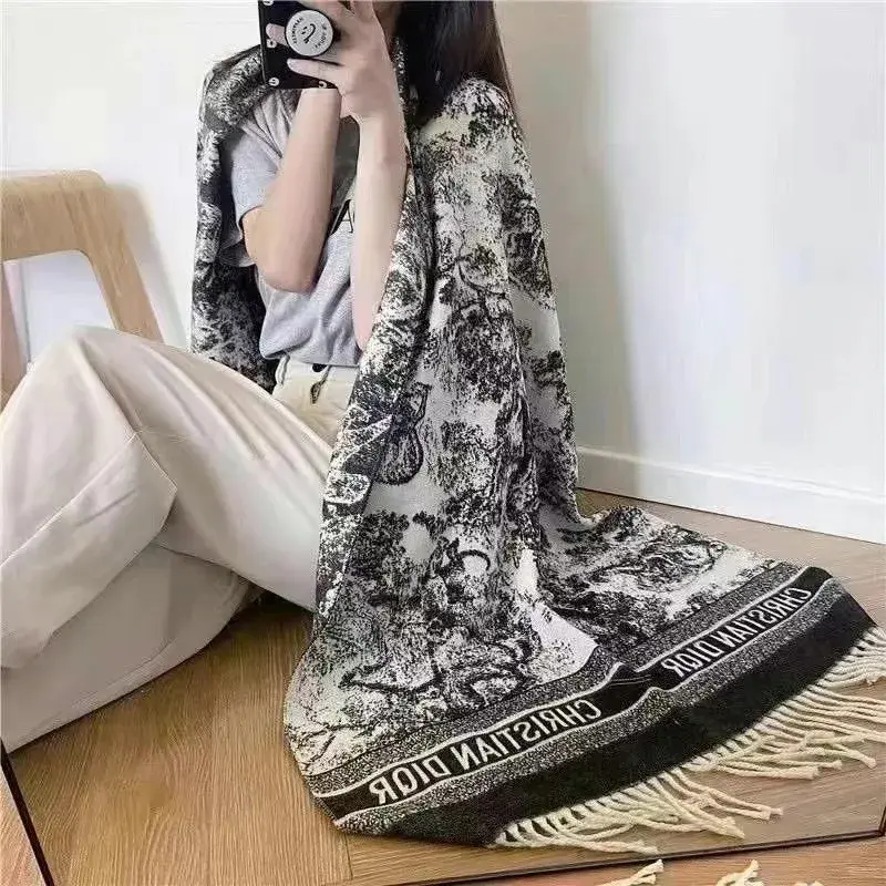 2024 Autumn Winter Soft Neck Warming Scarf Outer Wear Thermal Shawl Chinese Style Calligraphy Print Fashionable Layering