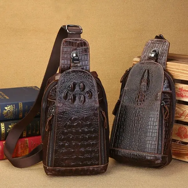 Alligator Head Leather Men's Chest Bag Top Layer Cow Hide Men's Genuine Leather Oil Leather Casual Crossbody Waist Bag Wholesale