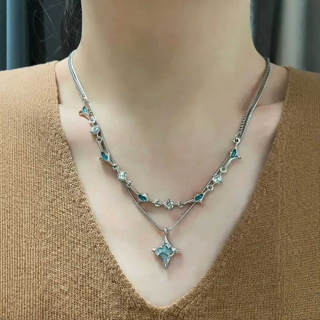 Trendy Cool Girl Lava Stone Pendant Necklace Women's High-End Feel Good Blue Gemstone Collarbone Chain Niche Accessory
