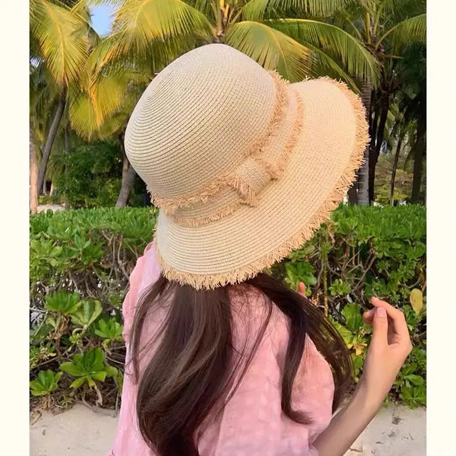 Simple Short Brim Straw Hat Beach Sandfisherman Cap Fashion Blogger Versatile Flat Top Sunshade Hat Coastal Edge Lace Net Cap