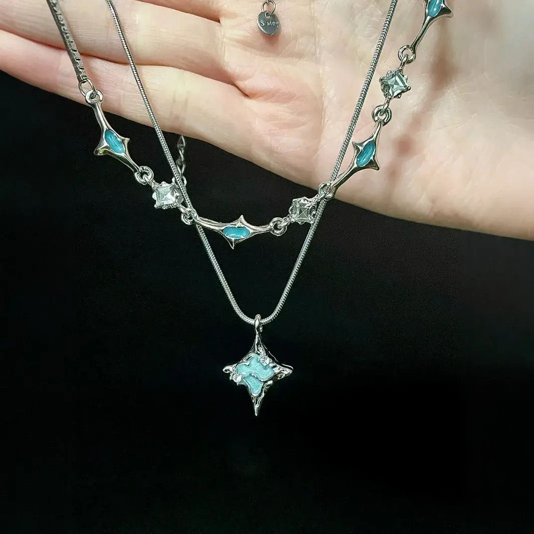 Trendy Cool Girl Lava Stone Pendant Necklace Women's High-End Feel Good Blue Gemstone Collarbone Chain Niche Accessory