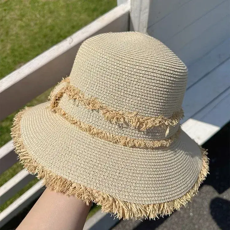 Simple Short Brim Straw Hat Beach Sandfisherman Cap Fashion Blogger Versatile Flat Top Sunshade Hat Coastal Edge Lace Net Cap