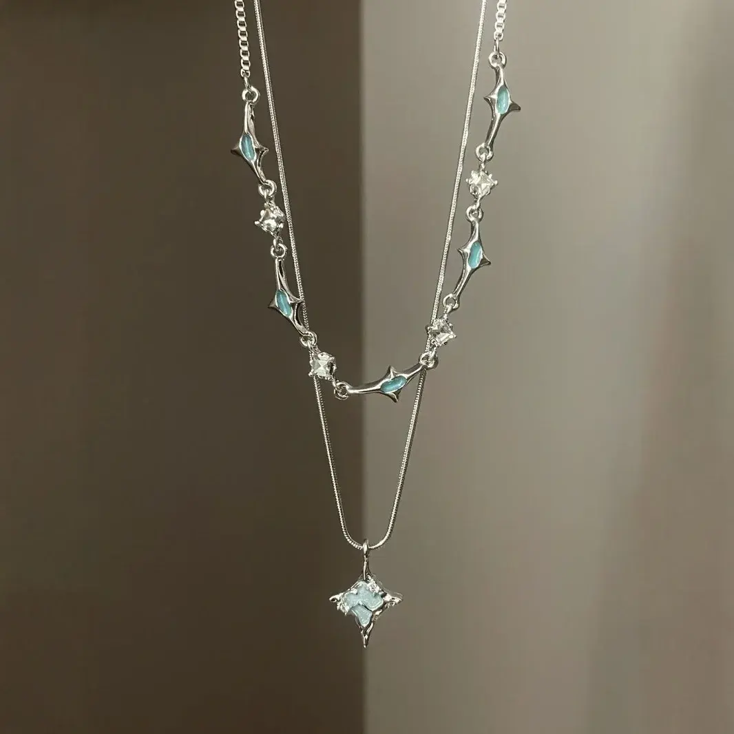 Trendy Cool Girl Lava Stone Pendant Necklace Women's High-End Feel Good Blue Gemstone Collarbone Chain Niche Accessory