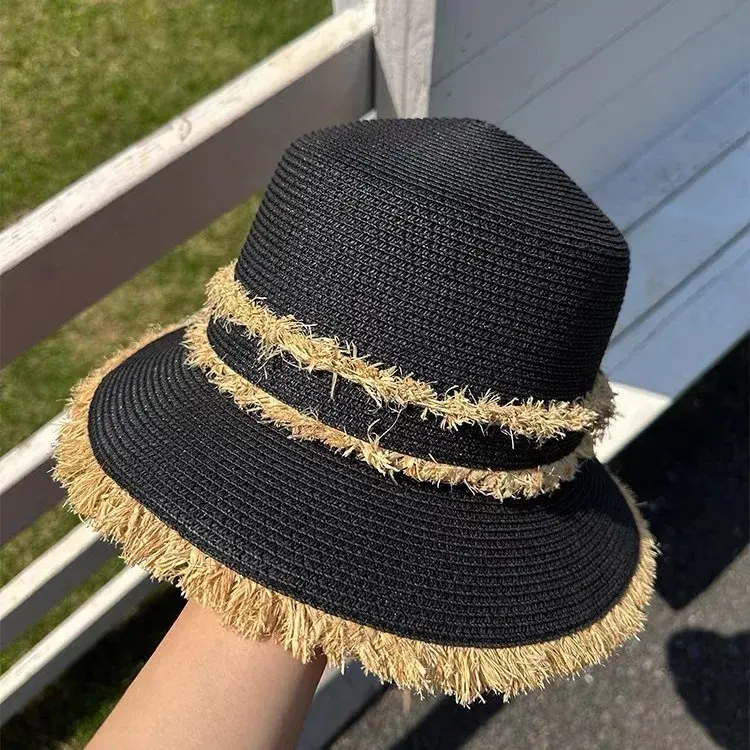 Simple Short Brim Straw Hat Beach Sandfisherman Cap Fashion Blogger Versatile Flat Top Sunshade Hat Coastal Edge Lace Net Cap