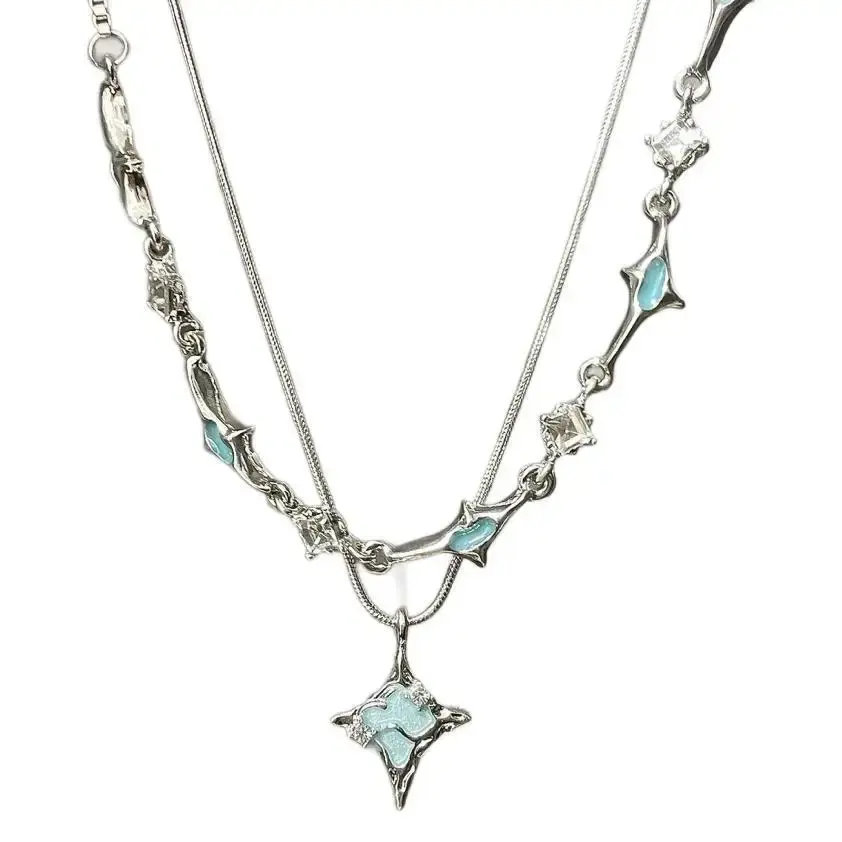 Trendy Cool Girl Lava Stone Pendant Necklace Women's High-End Feel Good Blue Gemstone Collarbone Chain Niche Accessory