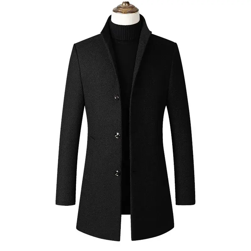 Men's Stand Collar Woolen Overcoat Solid Color Simple Design Medium-length Windbreaker Jacket For Autumn Winter