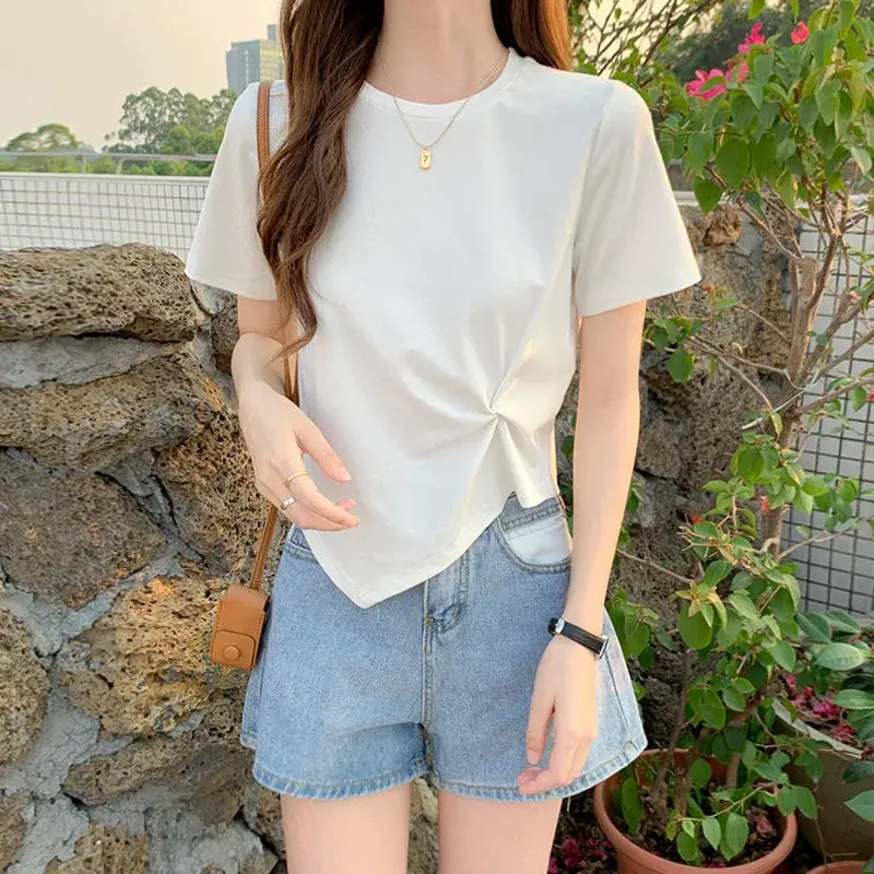 Slim Fit Short Sleeve T-Shirt for Girls Casual Thin Summer Design round Neck Uneven Hemline Polyester Fiber Student Fashion