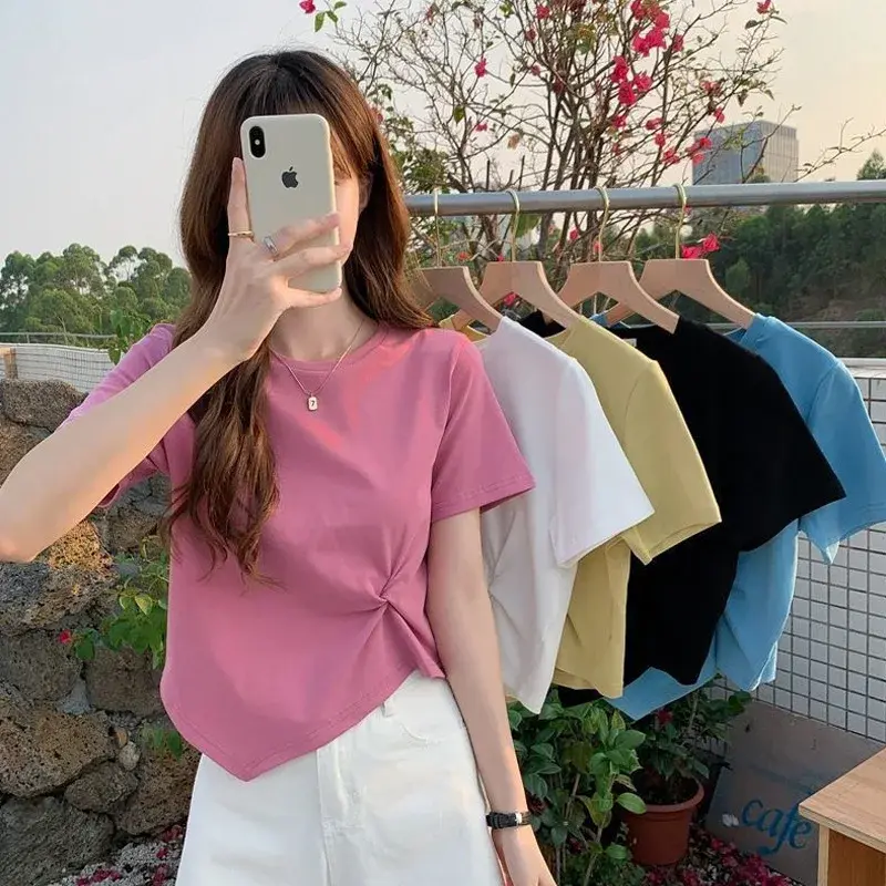Slim Fit Short Sleeve T-Shirt for Girls Casual Thin Summer Design round Neck Uneven Hemline Polyester Fiber Student Fashion