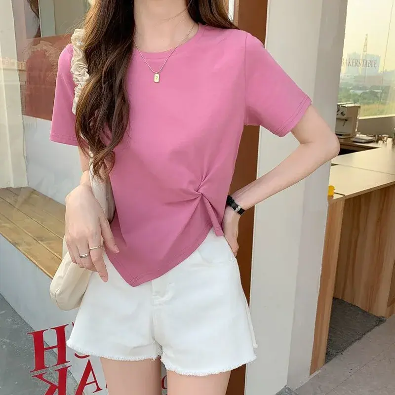 Slim Fit Short Sleeve T-Shirt for Girls Casual Thin Summer Design round Neck Uneven Hemline Polyester Fiber Student Fashion